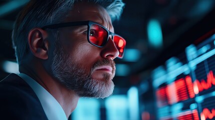 Focused Mature Businessman in Red Glasses Analyzing Market Data and Financial Charts on Laptop Computer in Dark Busy Office Environment