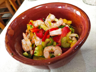 Bowl with portion of Catalan style prawns