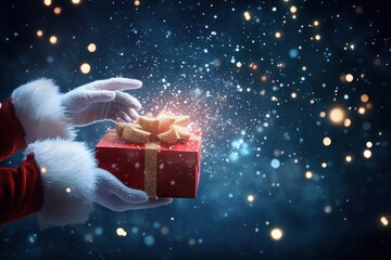 Gloved hands presenting a gaily sparkling Christmas gift.