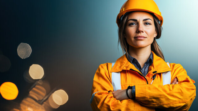 Confident woman in safety gear stands with arms crossed, showcasing determination and professionalism in construction environment