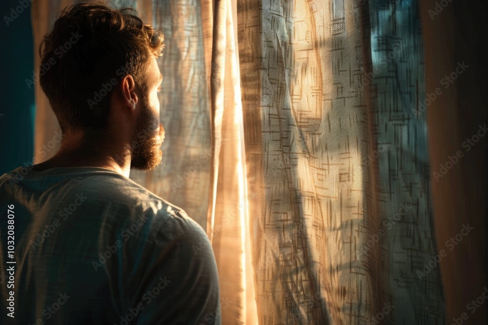 Poster a person posing in front of a curtain, perfect for use in scenes where characters are about to revea
