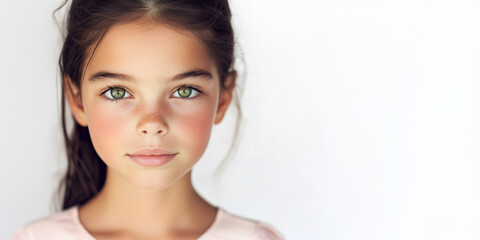 Portrait of a young girl model with green eyes freckles and slick brown hair, symbolizing innocence, natural beauty, and authentic expression, isolated on a white background 