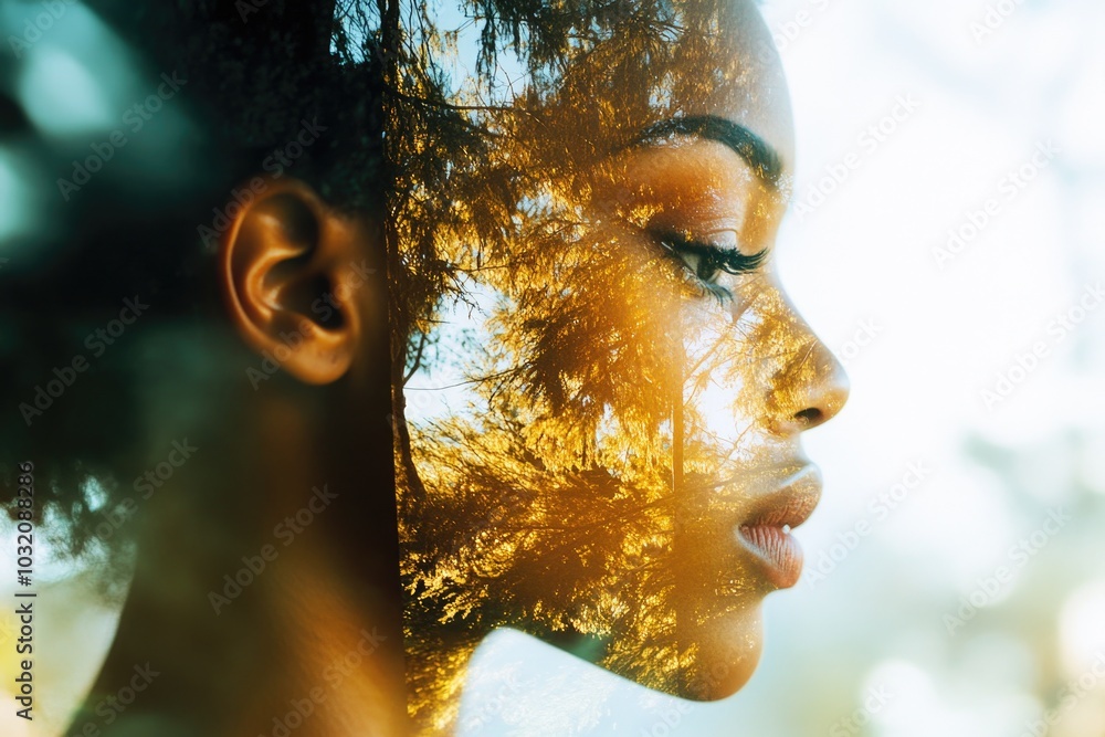Poster a close-up shot of a woman's face with trees in the background, suitable for use in editorial or com