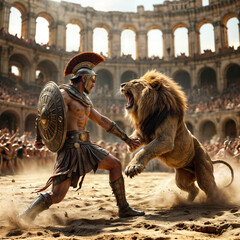Roman gladiator fighting a lion in an ancient Roman circus full of spectators. Historical reenactment image of the ancient Roman Empire