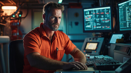 focused technician in orange jumpsuit operates equipment in offshore control room, surrounded by screens displaying data and monitoring systems. atmosphere is intense and professional