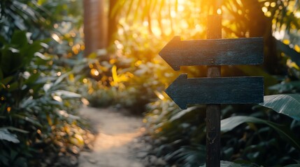 Fototapeta premium A blank wooden sign with two arrows in a forest.