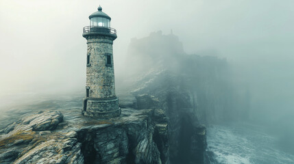 A tall, weathered stone lighthouse standing on the edge of a foggy cliff.