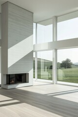 A warm and inviting living room with a crackling fireplace and large windows, perfect for relaxation