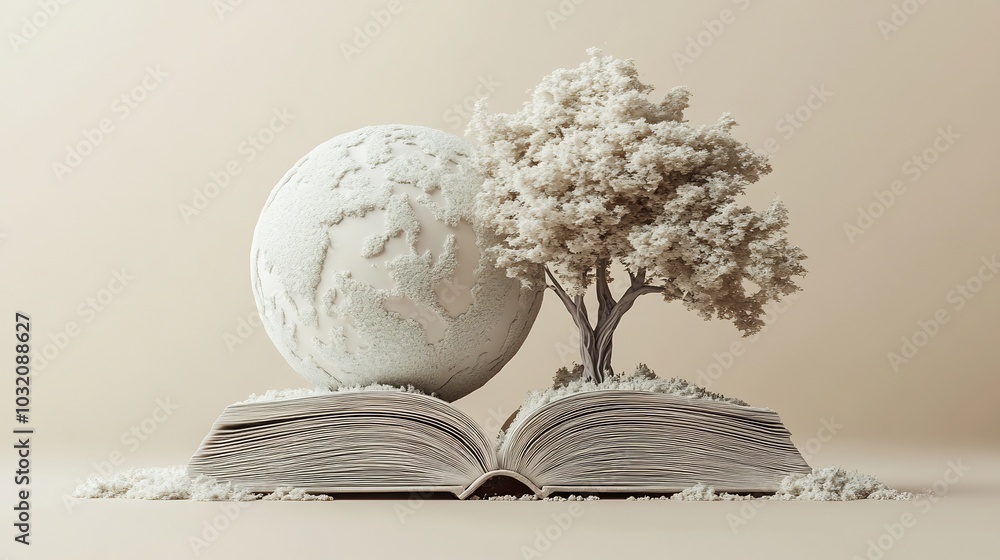 Poster sophisticated 3d illustration for world book day featuring an open book with a globe and stylized tr