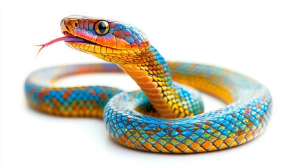 Obraz premium A colorful snake with its tongue out on a white background