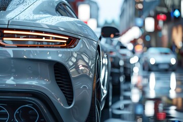 A close up of a car on a city street