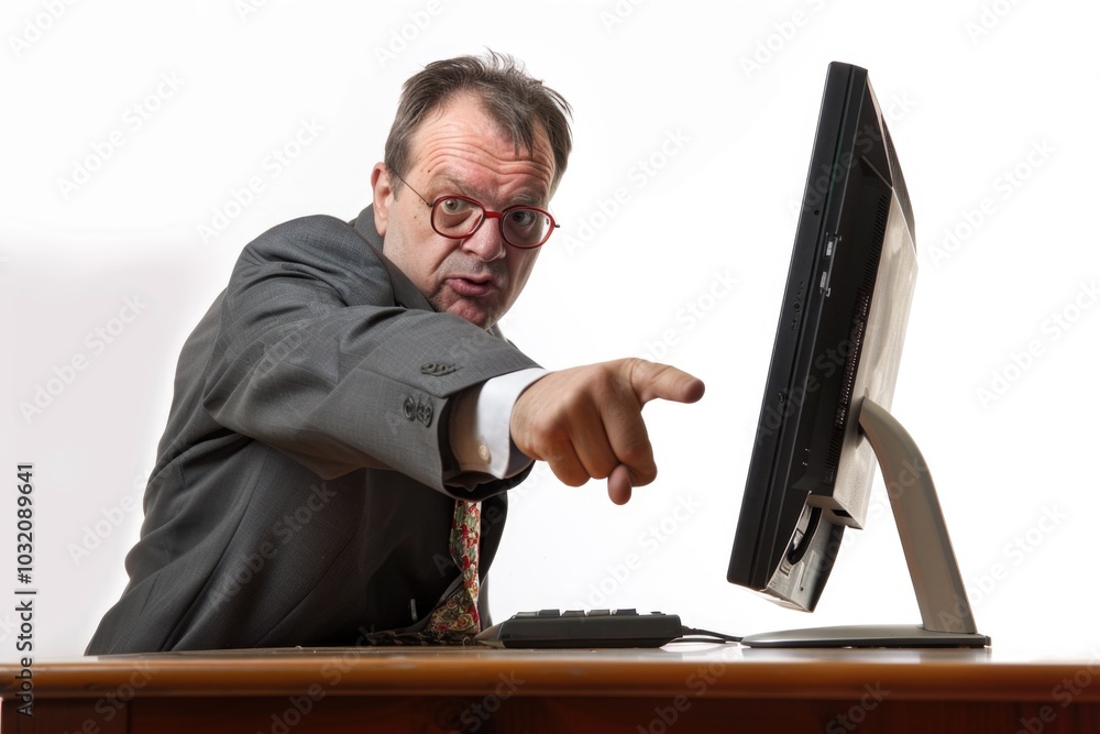 Aufkleber a businessman or professional looking at data on a computer screen with a curious expression