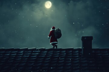 Fototapeta premium Santa walking on roof at night with glowing moon