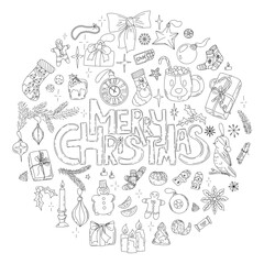 Merry Christmas doodle circle composition. Hand drawing festive vector illustration. Hand lettering Christmas saying. Christmas quotes with black and white doodle drawings. Holiday greetings postcard