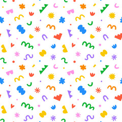 Fun colorful geometric shape seamless pattern. Creative abstract children style art background for kids, trendy design with organic geometry shapes. Simple childish wallpaper texture.