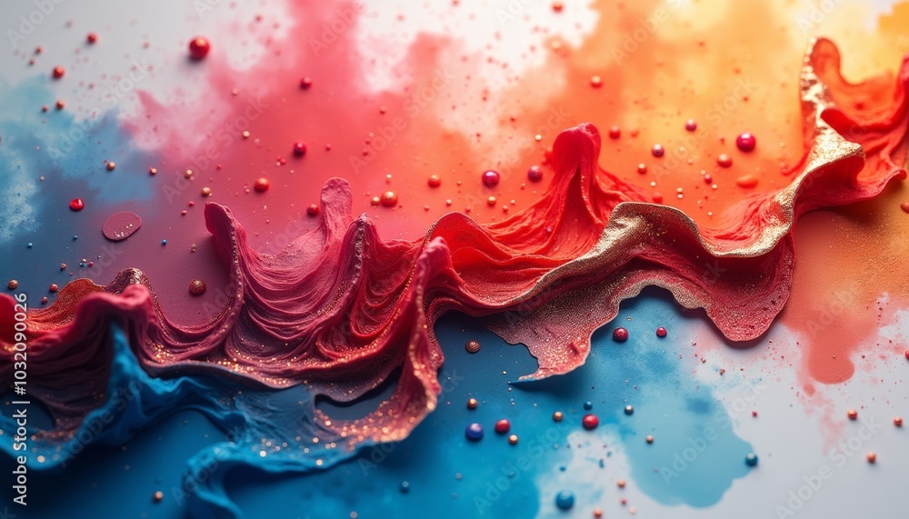 Poster rich and dynamic paint flows in intricate patterns, blending hues of red, blue, and gold against a s