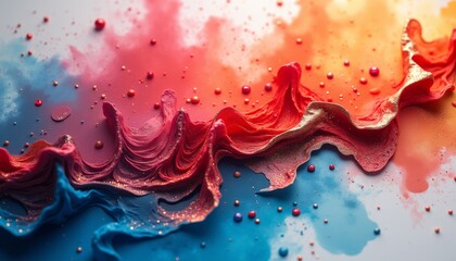 Rich and dynamic paint flows in intricate patterns, blending hues of red, blue, and gold against a soft backdrop, inviting creativity and reflection