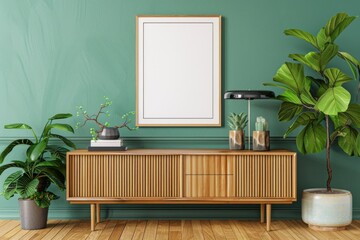 A cozy room with a plant and a picture frame on the wall
