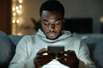 African american man using smartphone while sitting leaning on couch at home, browsing internet or messaging with friends, copy space, Generative AI