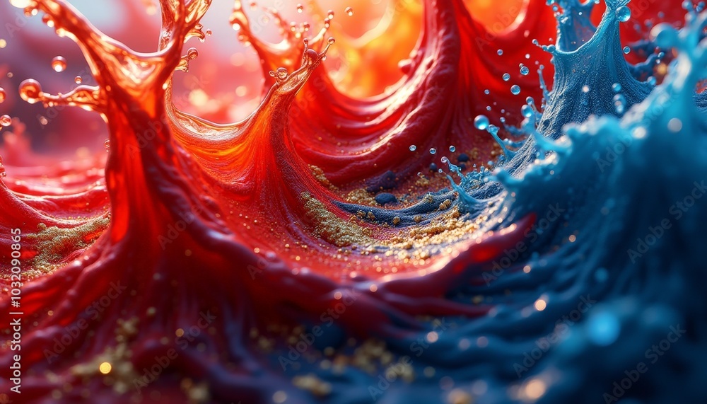 Poster in an energetic display, waves of red and blue crest and crash, creating a mesmerizing mix of colors