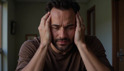 Stressed man holding head in hands with tense expression in indoor environment
