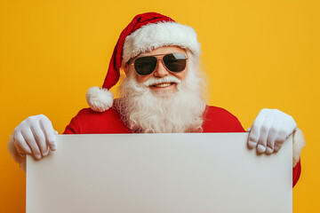 Naklejka premium A smiling Santa wearing sunglasses holding a white sign. The sign is blank, but the image conveys a sense of fun and playfulness