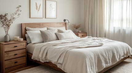 A serene and calming bedroom with a mix of natural materials
