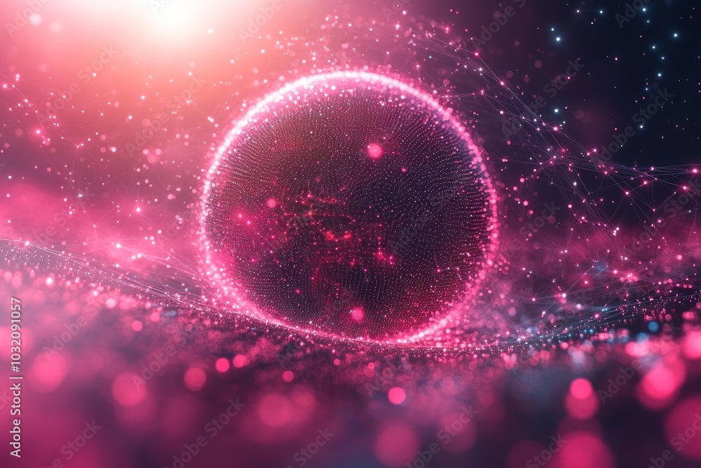 Poster abstract pink sphere with glowing particles and bokeh effect on a dark background.