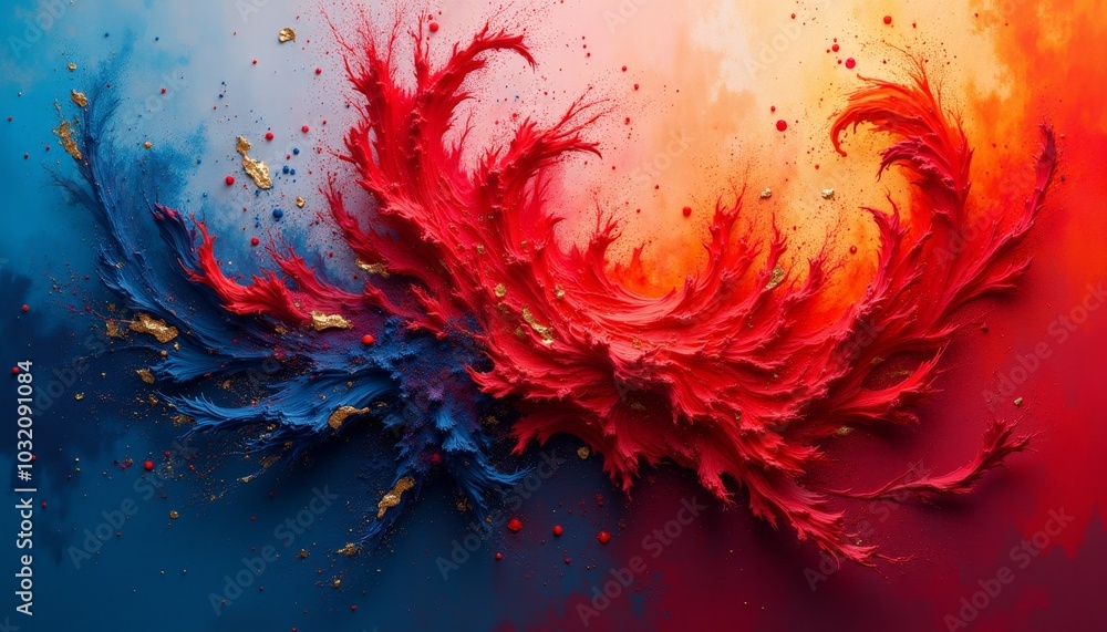 Poster dynamic strokes of red and blue intertwine in a vivid display, evoking movement and emotion against 