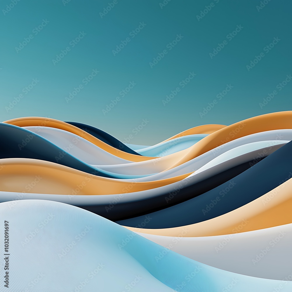 Poster this abstract image features fluid waves in calming blue and gold tones, creating a serene and minim