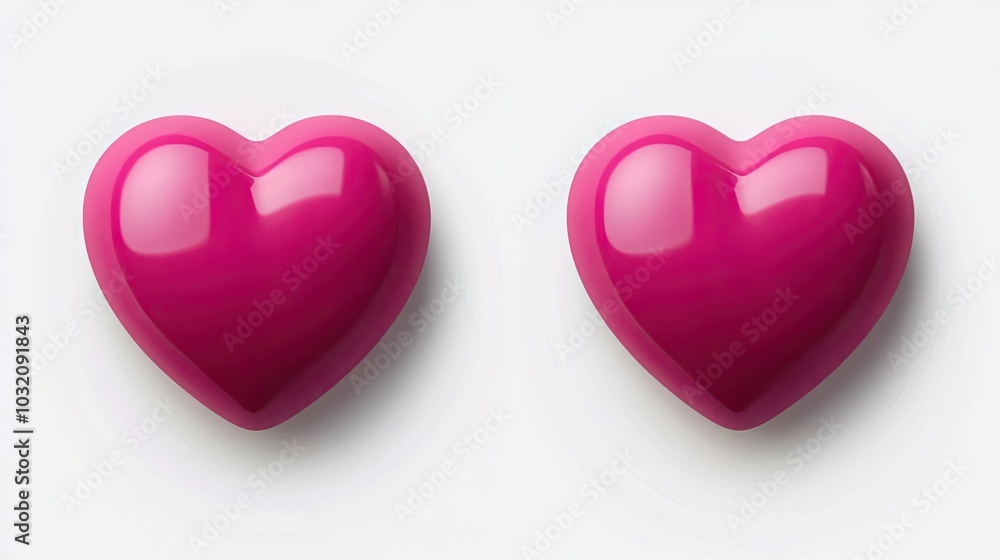 Poster two glossy pink hearts on an abstract soft background in daylight generative ai