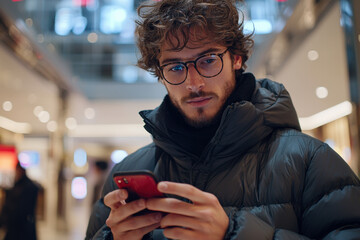 handsome male model with curly hair and glasses is using mobile device in modern shopping mall. His focused expression suggests he is engaged in something important