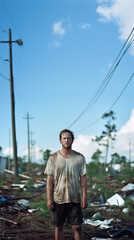 Fototapeta premium a white man standing amongst the wreckage of a hurricane
