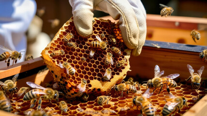 A person is holding a honeycomb with bees flying around it