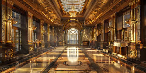 Naklejka premium The glamorous art deco details of an old-world European bank, with its gleaming brass fixtures, ornate ceilings, and luxurious marble surfaces.
