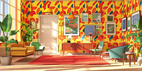 Fototapeta premium A quirky, eclectic bank branch with colorful wallpaper, unique furniture, and artwork, evoking a playful and welcoming atmosphere.