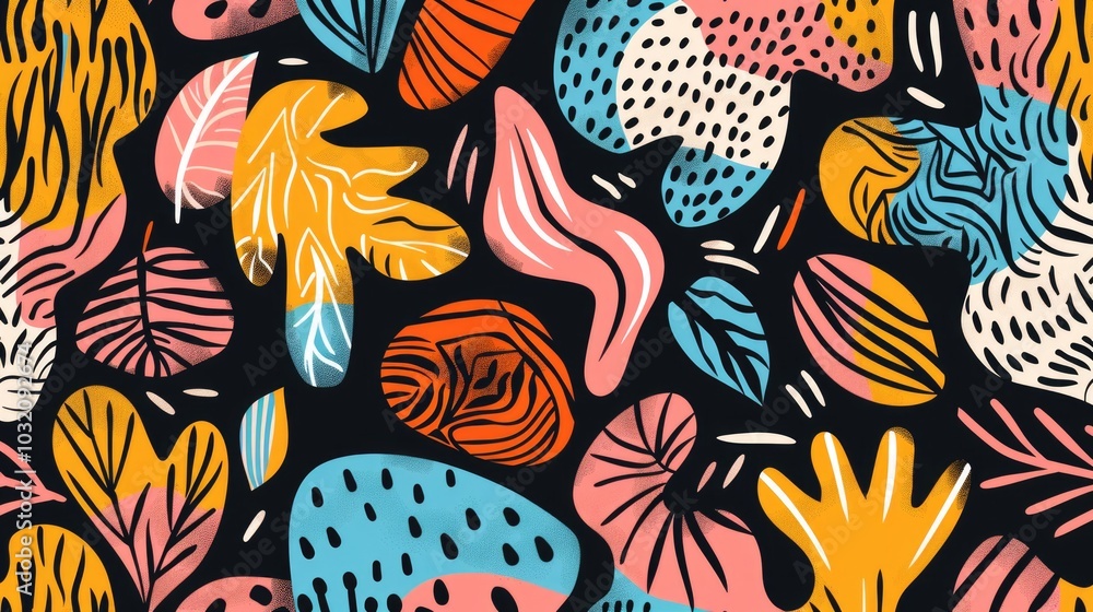Poster a vibrant and intricate design featuring leaves and flowers on a dark surface, perfect for adding a 