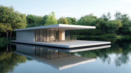 A sleek, minimalist concrete house built on the edge of a tranquil lake, with clean lines and large floor-to-ceiling windows. 