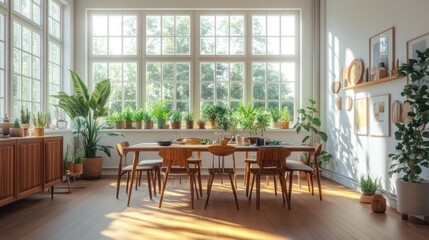 A spacious and bright dining room with a mix of mid-century modern and rustic furniture
