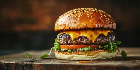 Delicious cheeseburger with melted cheese, fresh lettuce, and tomato on a sesame bun, perfect for food lovers.