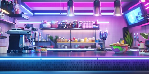 Neon Bar Interior with Coffee Machine