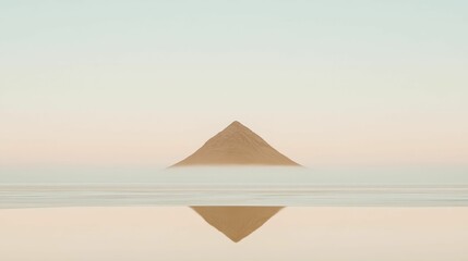 A tranquil mountain peak reflected perfectly in the calm waters at sunset, surrounded by a soft pastel sky, creating a peaceful landscape..