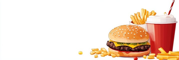 Delicious fast food meal featuring a hamburger, fries, and a refreshing drink. Perfect for food lovers and restaurants.