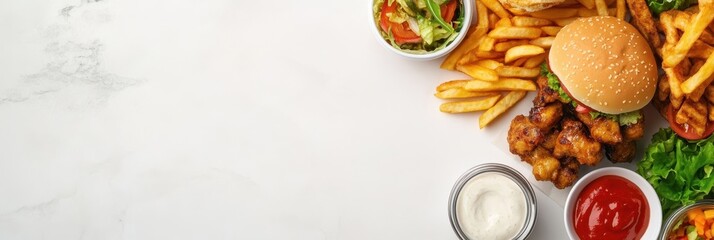 Delicious fast food spread featuring a burger, fries, chicken, and assorted dips on a white background.