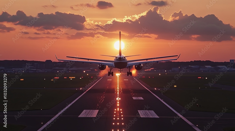 Poster an airplane on a runway with the sun setting behind it.