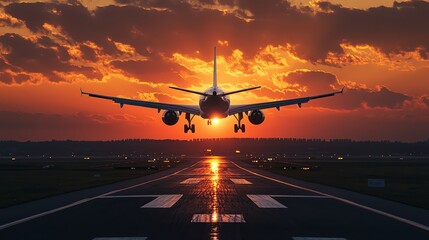 Airplane landing on a runway with the sun setting behind it.