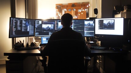 Fototapeta premium A man sits at a desk with four monitors, seemingly working on a coding project.