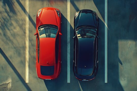Two vehicles parked together in a parking lot