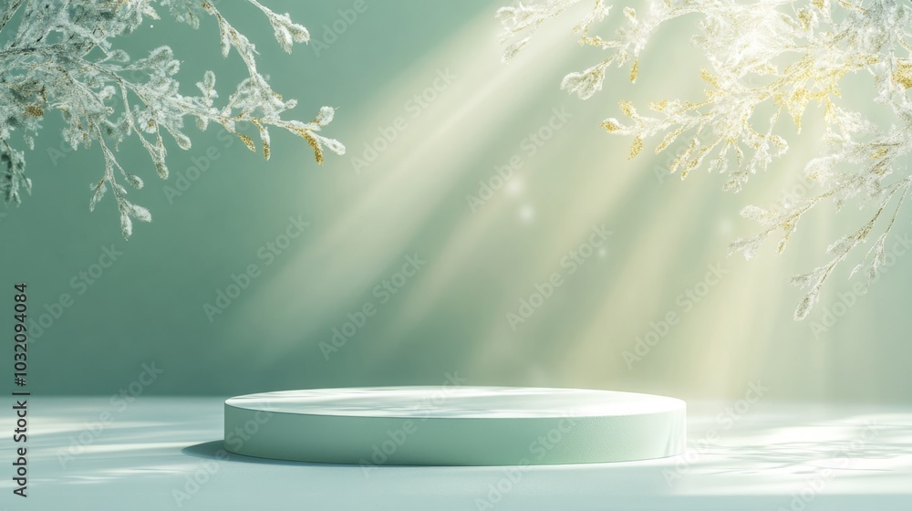 Leinwandbilder a circular platform sits on a light green surface with two frosted branches extending from the top o