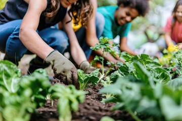 Group of people working together in a garden